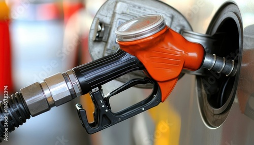 Fuel pump nozzle at gas station injecting fuel during busy rush hour chaos