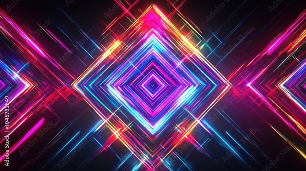 A striking abstract design of neon lines forming intricate geometric shapes, glowing against a deep black background for contrast A striking abstract design of neon lines forming intricate geometric shapes, glowing against a deep black background for contrast