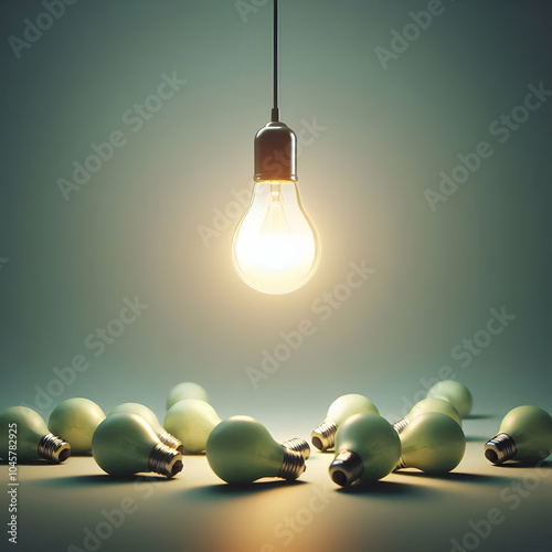 Glowing Light Bulb Among Unlit Bulbs photo