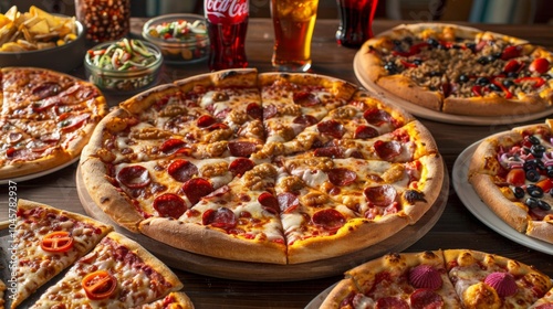 Variety of Pepperoni Pizzas with Different Toppings and Soft Drinks on a Table photo