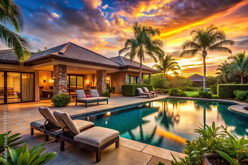 Fototapeta premium Luxury Tropical Villa with Pool and Lounge Chairs Perfect for Relaxation in Clear Skies