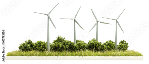Renewable energy wind turbines in green landscape, isolated on transparent cutout background
