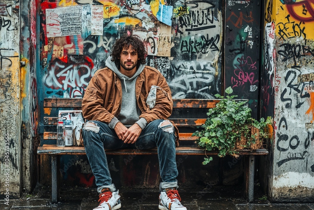 Obraz premium Urban photoshoot of a young man with curly hair in a casual outfit sitting on a bench in front of graffiti wall 