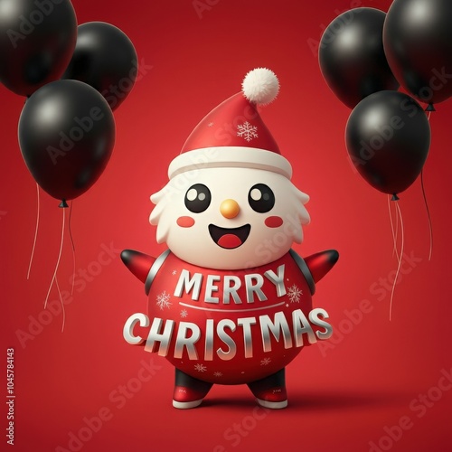 Merry Christmas in metallic silver balloon text on bright red background with black balloons, ideal for festive greeting cards, holiday promotion designs, and modern Christmas visuals. photo