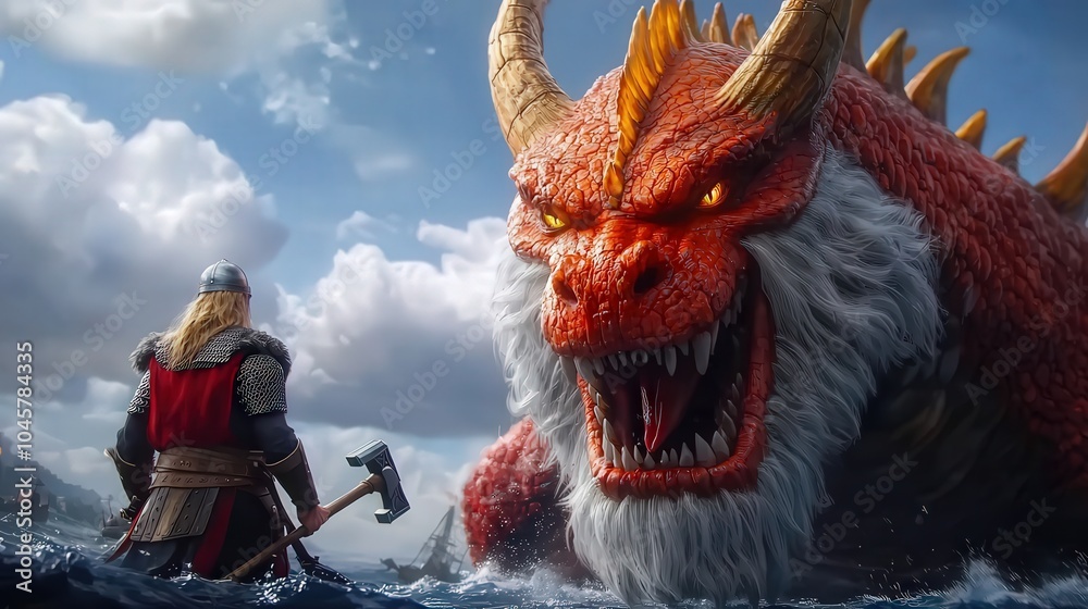 Naklejka premium Epic Battle between Heroic Warrior and Fierce Dragon in a Stunning Fantasy Landscape