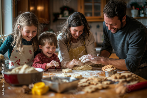 A joyful family baking delicious treats together in a cozy kitchen