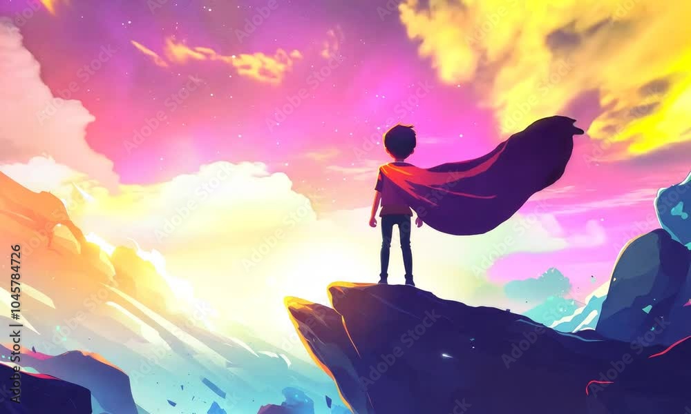 hero boy with cape stand on a cliff on colorful sky background