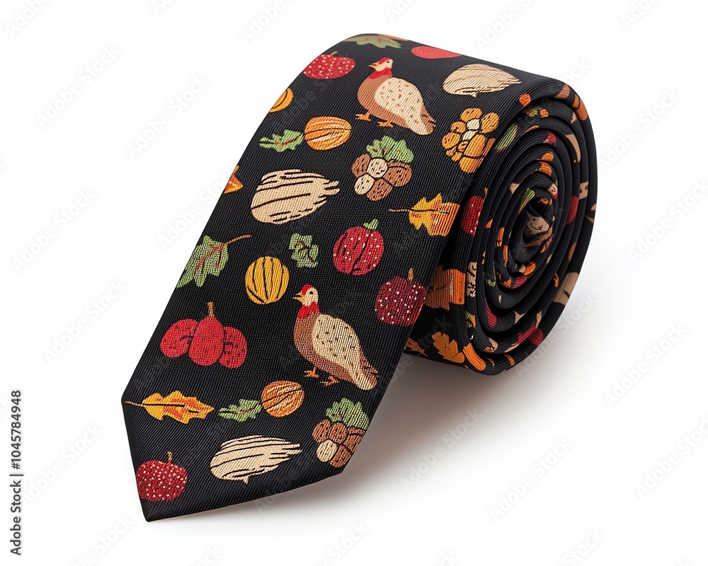 Colorful necktie featuring festive autumn patterns with turkeys and pumpkins, perfect for a Thanksgiving celebration or festive attire. Colorful necktie featuring festive autumn patterns with turkeys and pumpkins, perfect for a Thanksgiving celebration or festive attire.