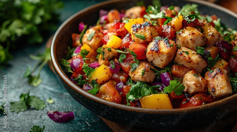 A vibrant bowl of grilled chicken salad with fresh vegetables and herbs. A vibrant bowl of grilled chicken salad with fresh vegetables and herbs.