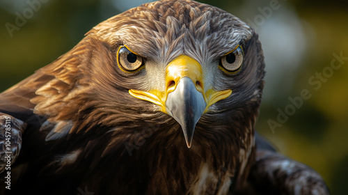 Large eagle is flying in the air with its wings spread wide. The bird has a fierce look on its face, and its eyes are focused on something in the distance. Concept of power and freedom