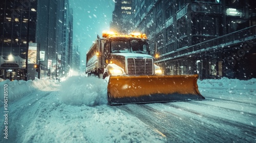 Snowplow truck clearing snowy city street during winter night photo