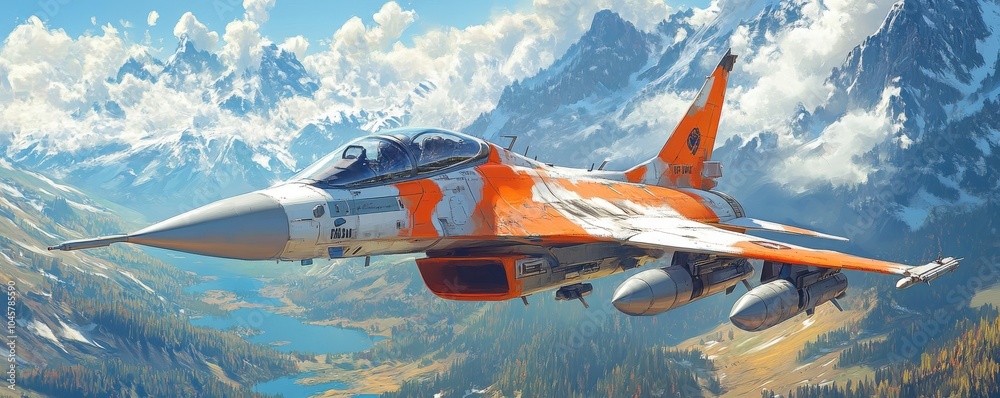 F-20 fighter jet soaring high above majestic mountain landscape with clear blue skies and scattered clouds F-20 fighter jet soaring high above majestic mountain landscape with clear blue skies and scattered clouds