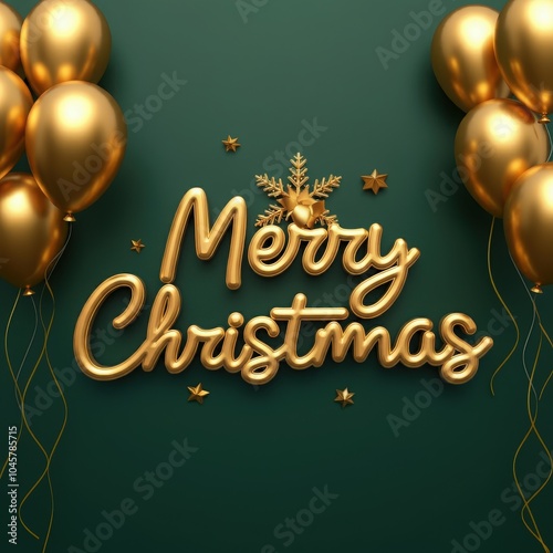 Merry Christmas in golden 3d typography on a green background with golden balloons, ideal for Christmas event invitations, holiday cards, and elegant festive poster designs. photo