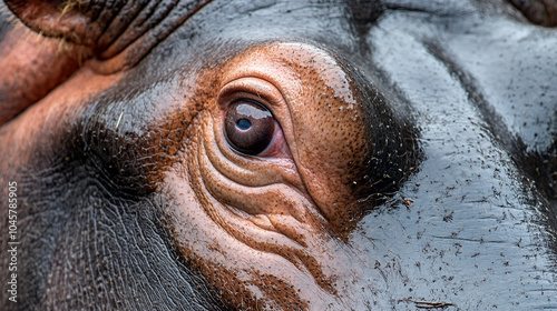 Large hippo with a big nose and big eyes. The hippo is looking at the camera