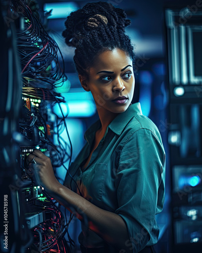 Compute engineering black woman in server room data center