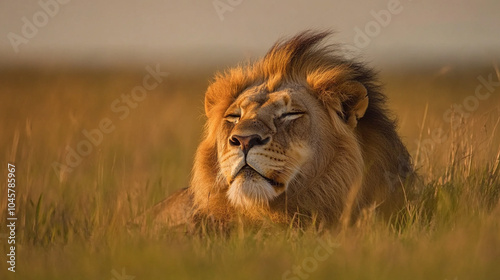 Lion is looking at the camera with its mouth open. The lion is standing in a forest with trees in the background