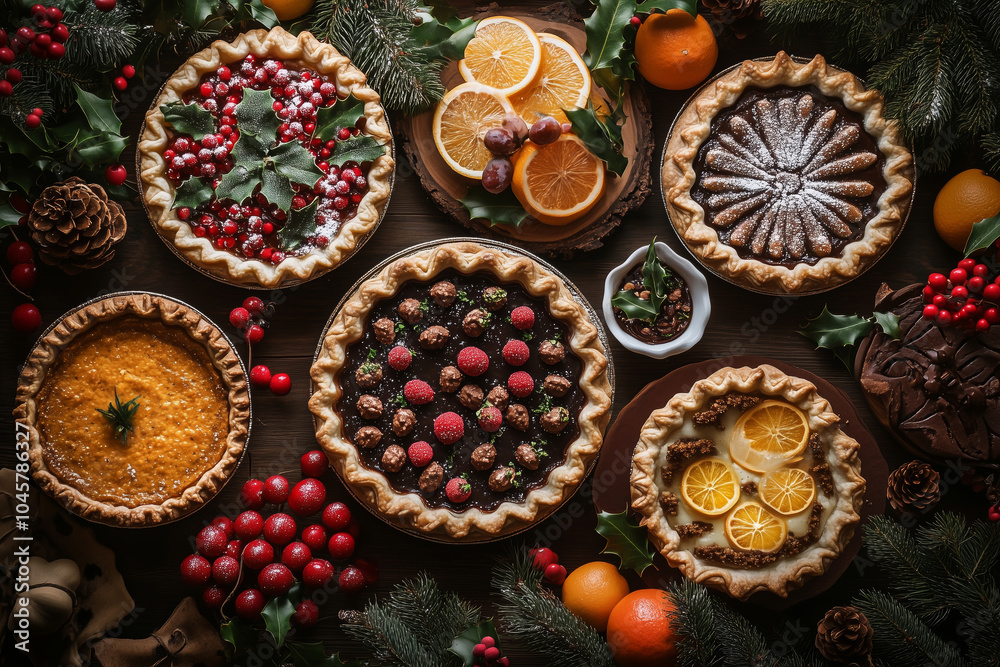 Beautifully arranged Christmas pies on a festive table filled with holiday cheer