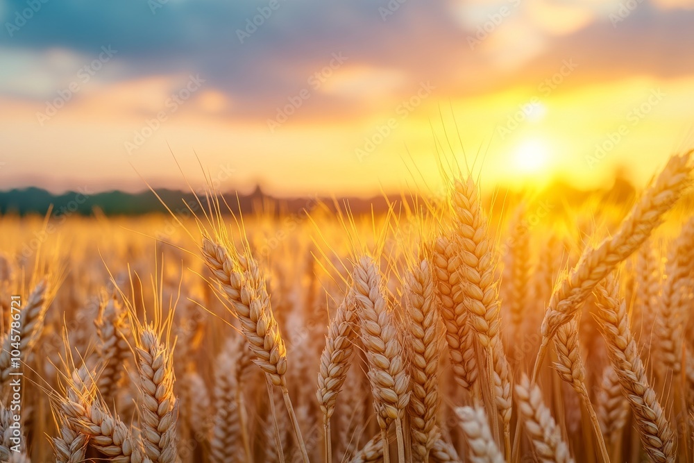 Golden wheat field at sunset, with a warm, hazy sky and a bright sun peeking through the clouds. Golden wheat field at sunset, with a warm, hazy sky and a bright sun peeking through the clouds.
