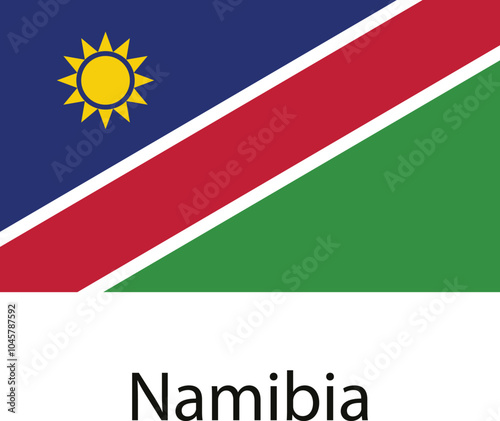 A depiction of the national flag of Namibia, featuring the colors blue, green, red and yellow, and a central sun. photo