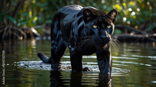A black panther with bright yellow eyes walks through shallow water, looking directly at the camera.