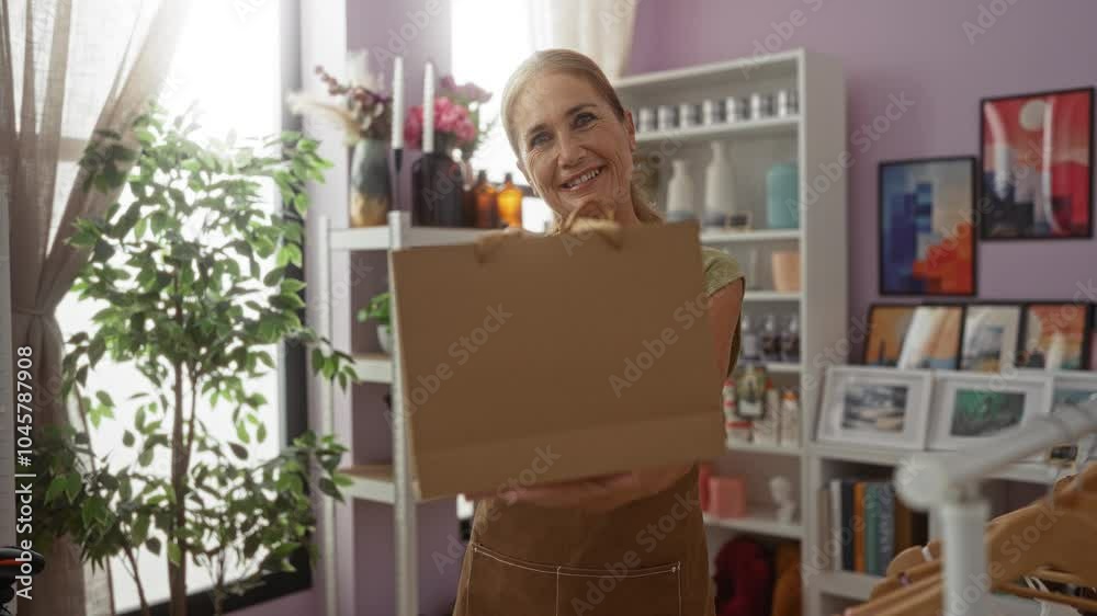 Woman smiling in a decorated store holding a brown shopping bag, surrounded by shelves filled with vases, candles, and picture frames, with natural light filtering through the window. Woman smiling in a decorated store holding a brown shopping bag, surrounded by shelves filled with vases, candles, and picture frames, with natural light filtering through the window.