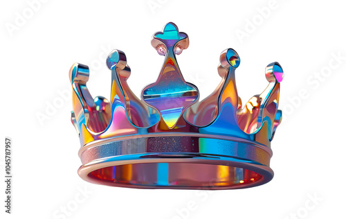 3D chrome element in Y2K style, isolated background, liquid holographic metal. A crown made of gold and silver with a rainbow design. photo