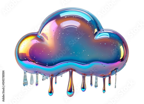 3D chrome element in Y2K style, isolated background, liquid holographic metal. A colorful cloud with a rainbow drizzle of water, made of a shiny, metallic material.