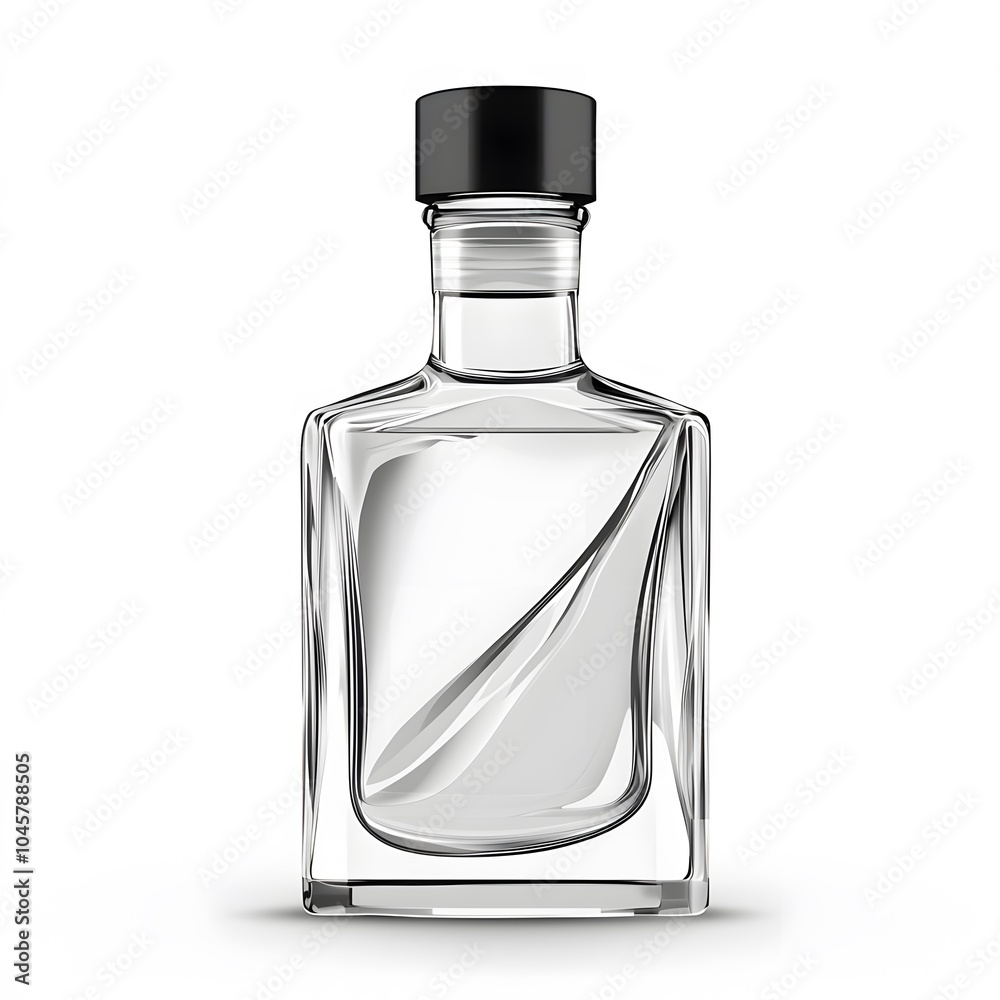 A distinctive clear glass bottle stands upright with a modern twist design and a black cap, highlighting its elegant and minimalist appeal. A distinctive clear glass bottle stands upright with a modern twist design and a black cap, highlighting its elegant and minimalist appeal.