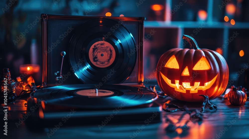 Fototapeta premium A 1970s-style Halloween vinyl record playing spooky tunes, with a vintage pumpkin-shaped speaker and retro decor surrounding it