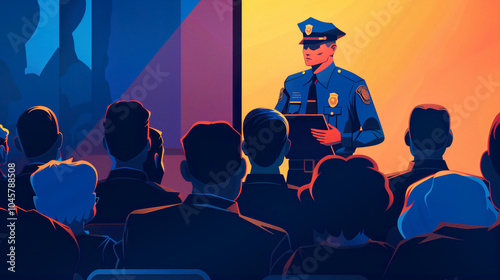Police officer giving a presentation to engaged audience at community meeting