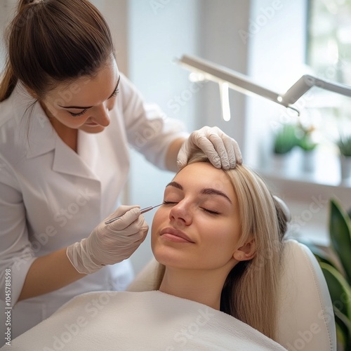 Spa treatment: beautician performs skincare routine on relaxed client