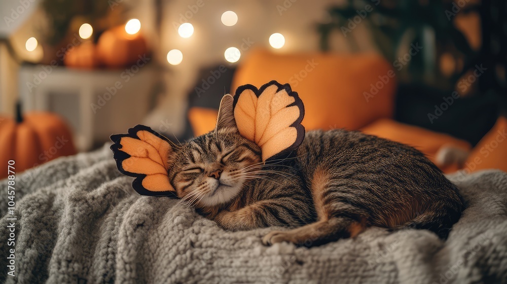 A cat dressed as a butterfly, wearing soft wings attached to its back, resting on a cozy blanket in a Halloween-decorated room A cat dressed as a butterfly, wearing soft wings attached to its back, resting on a cozy blanket in a Halloween-decorated room