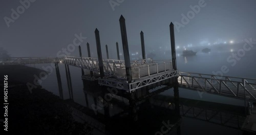 boats in the harbor during a foggy winter night