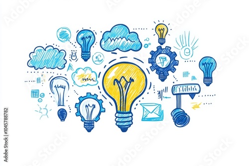 Hand drawn doodle illustration of a light bulb surrounded by clouds, gears, and other symbols representing innovation and creativity.