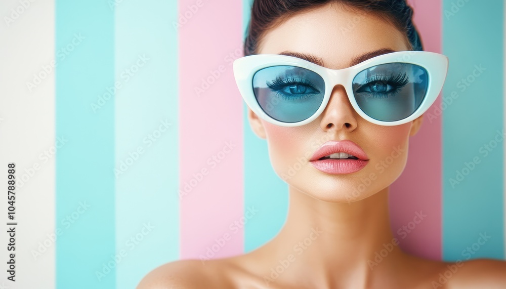 Stylish model posing with oversized sunglasses against a pastel summer background Stylish model posing with oversized sunglasses against a pastel summer background