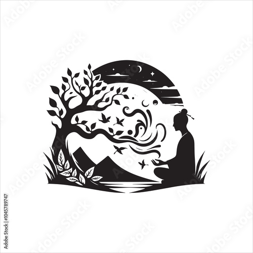 Nature and meditation silhouette vector with a seated figure under tree and mountains in peaceful harmony