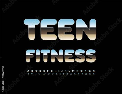 Vector metallic advertisement Teen Fitness. Reflective Silver Font. Modern Alphabet Letters and Numbers set