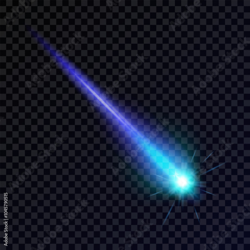 Light effect with a burning comet highlight, meteor, shooting star, laser beam. Realistic blue design element. Isolated neon ray on a dark background. Perfect for cosmic designs. Vector illustration.