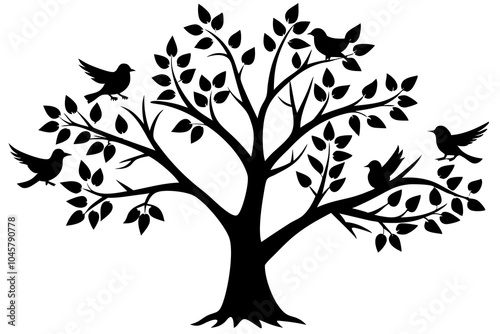 Birds on Tree in the Garden Silhouettes Vector Illustration