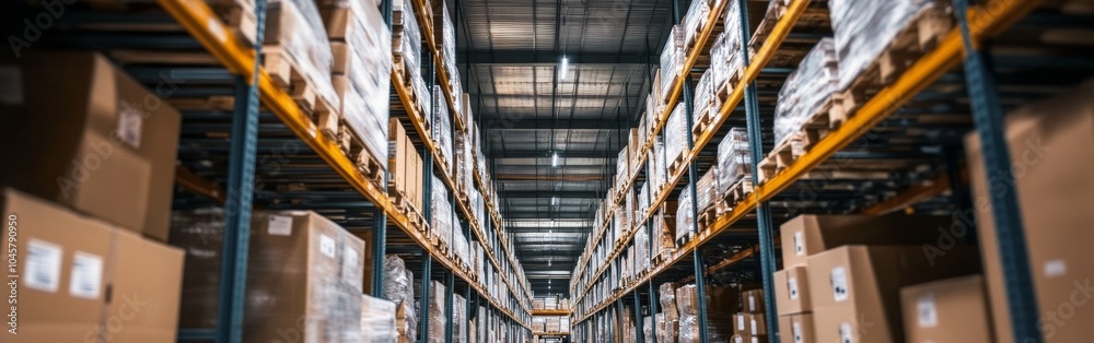 Fototapeta premium The warehouse features rows of tall shelves stacked with boxes, demonstrating an efficient storage system. The setting is well-lit, emphasizing organization and order