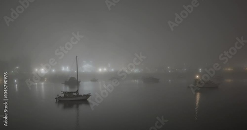 boats in the harbor during a foggy winter night