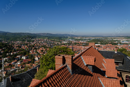 The beautiful fairytale Wernigerode and its picturesque colorful half-timbered houses. Medieval street with half-timbered houses.