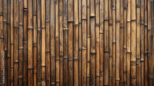 Row of bamboo sticks are shown in a close up. The bamboo sticks are brown and appear to be old. The image has a rustic and natural feel to it