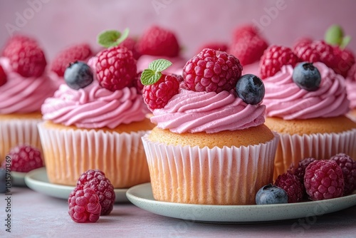 A delightful arrangement of cupcakes topped with pink frosting and fresh berries.