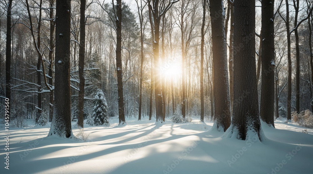 Snowy winter forest with sunlight breaking through trees in a peaceful atmosphere Snowy winter forest with sunlight breaking through trees in a peaceful atmosphere