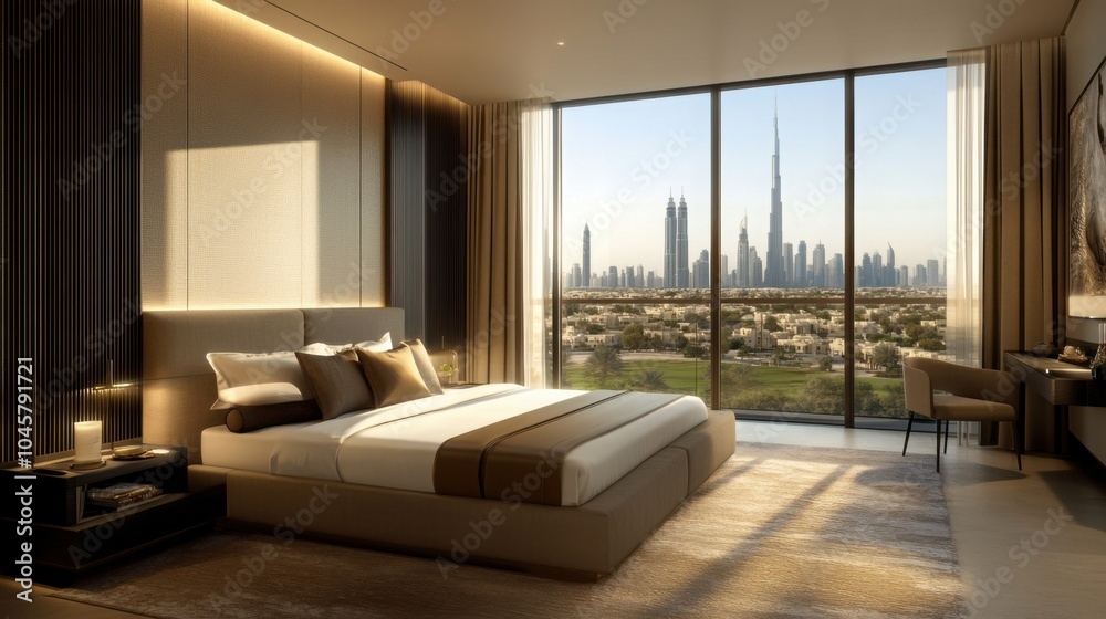 Fototapeta premium A luxurious hotel suite in Dubai with floor-to-ceiling windows offering a stunning view of the city's skyline