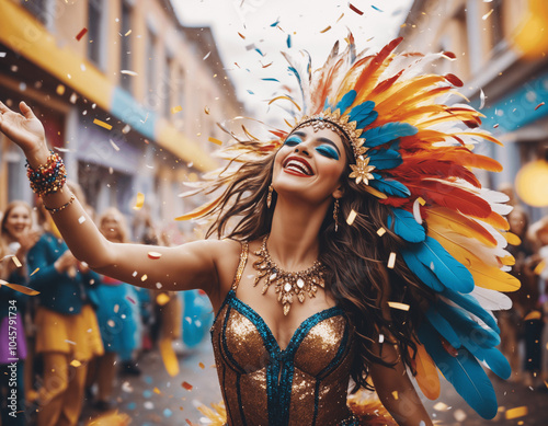 Festive Mardi Gras Scene: joyful revelers in masks dance under cascades of confetti and vibrant feathers filling the streets photo