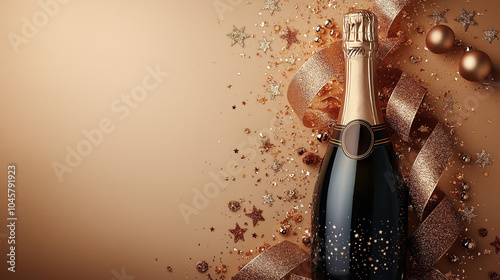 Champagne bottles symbolize celebration. Placed on a golden background decorated with glitter.  generate ai