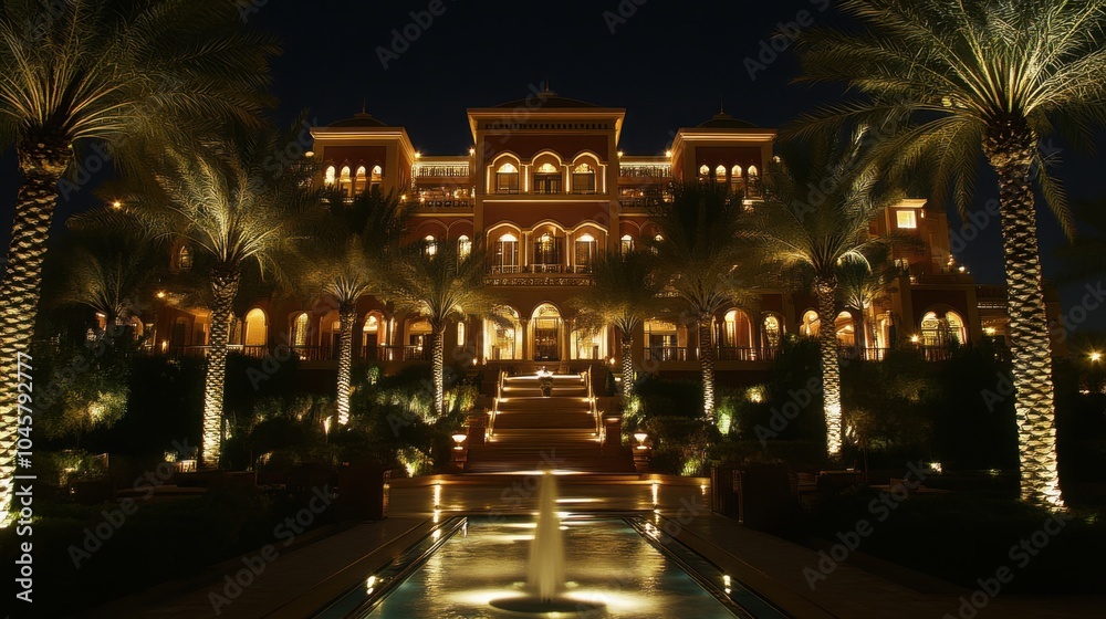 A nighttime view of a luxurious hotel in Dubai illuminated by lights A nighttime view of a luxurious hotel in Dubai illuminated by lights