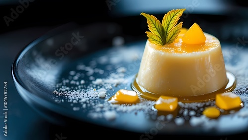 dessert, mango, mint, elegant, gourmet, sweet, refreshing, vibrant, indulgent, culinary, close-up, food styling, presentation, delicious, flavor, unique, artistic, dark background, visual appeal, trop photo